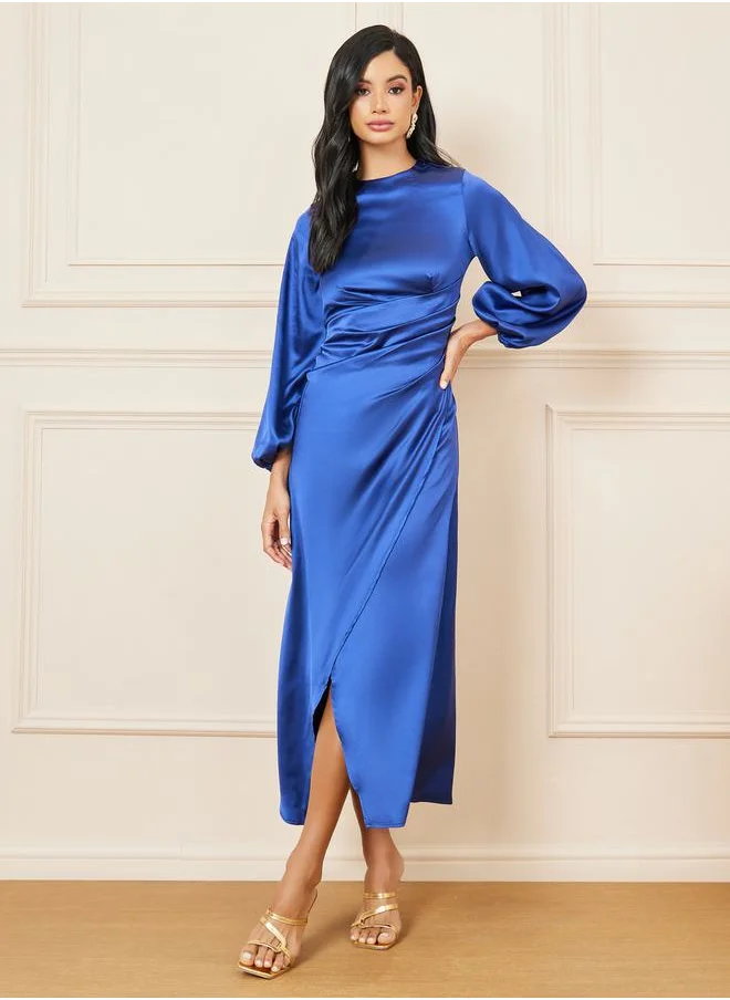 Styli Satin Pleated Asymmetric Hem A-line Midi Dress