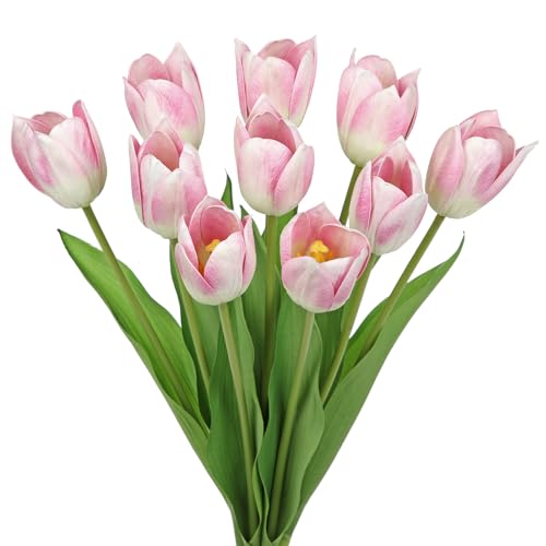 Arborus Artificial Tulips Flowers 20 Long Stem Faux Tulips 10PCS Real Touch Fake Pink Tulip for Vase Farmhouse Kitchen Spring Wedding Home Decor - Image 1