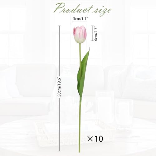 Arborus Artificial Tulips Flowers 20 Long Stem Faux Tulips 10PCS Real Touch Fake Pink Tulip for Vase Farmhouse Kitchen Spring Wedding Home Decor - Image 3