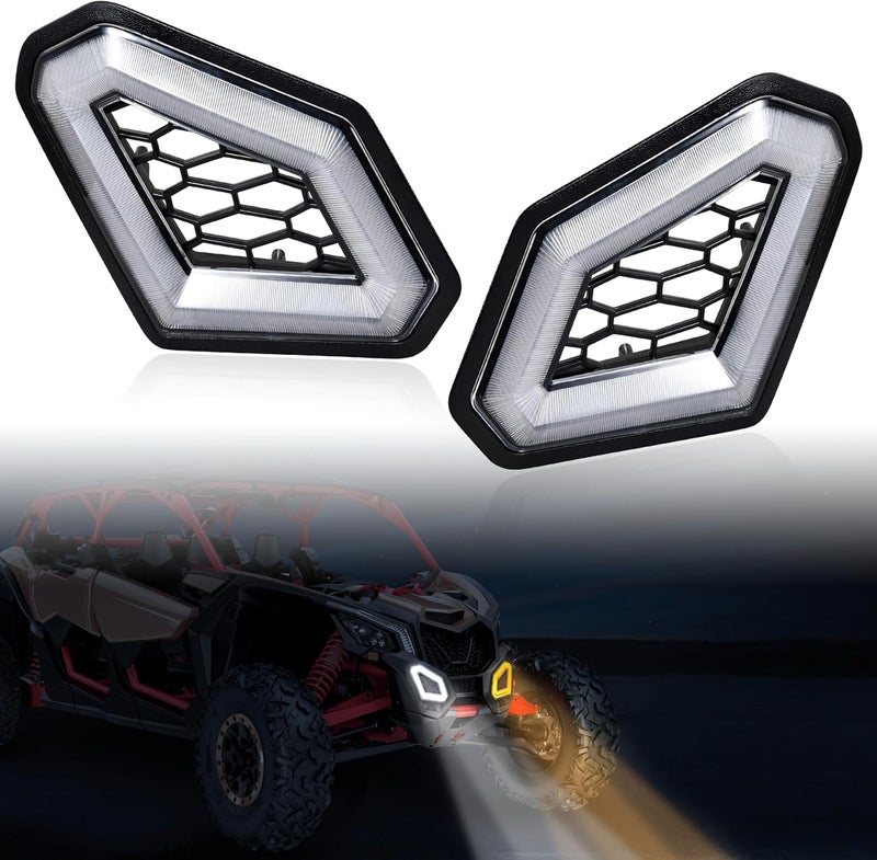 POKIAUTO LED Front Accent Lights for Can-Am X3, Front Fascia Auxiliary Signature Lights with Yellow Turn Signal White DRL Grill Lamps for Can Am Maverick X3 MAX Turbo R RR 2017-2025 Accessories (2PCS) - Image 1