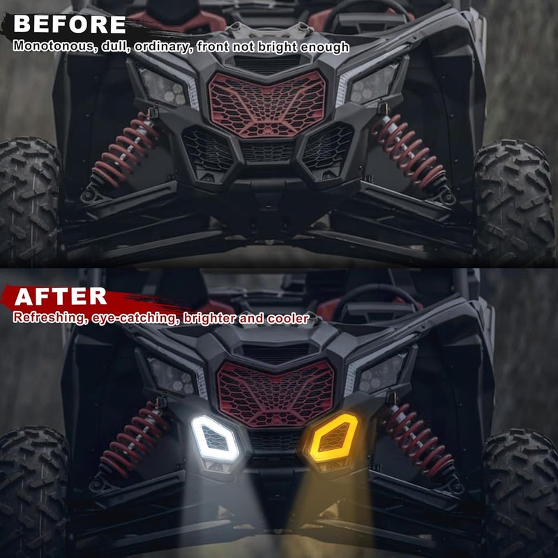 POKIAUTO LED Front Accent Lights for Can-Am X3, Front Fascia Auxiliary Signature Lights with Yellow Turn Signal White DRL Grill Lamps for Can Am Maverick X3 MAX Turbo R RR 2017-2025 Accessories (2PCS) - Image 3