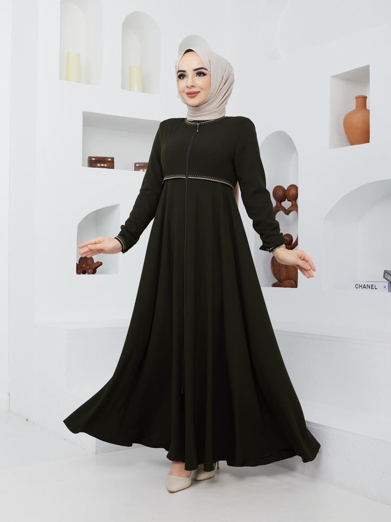 KMK Kombin KMK Combined Summer Mevlana Model Sleeve and Waist Patterned Flared Abaya Topcoat  - Image 1
