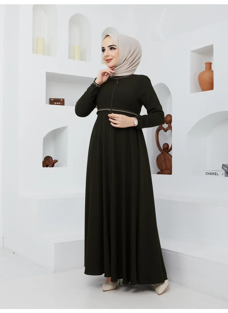 Kmk Kombin KMK Combined Summer Mevlana Model Sleeve and Waist Patterned Flared Abaya Topcoat