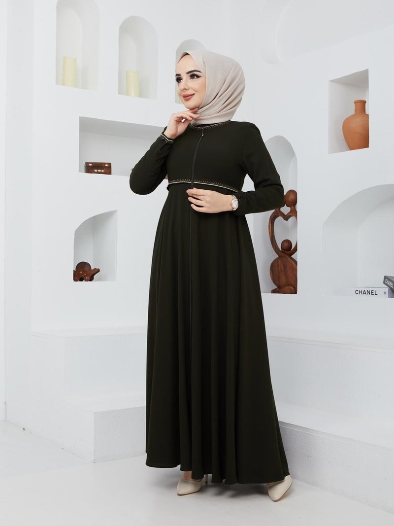 KMK Kombin KMK Combined Summer Mevlana Model Sleeve and Waist Patterned Flared Abaya Topcoat  - Image 3
