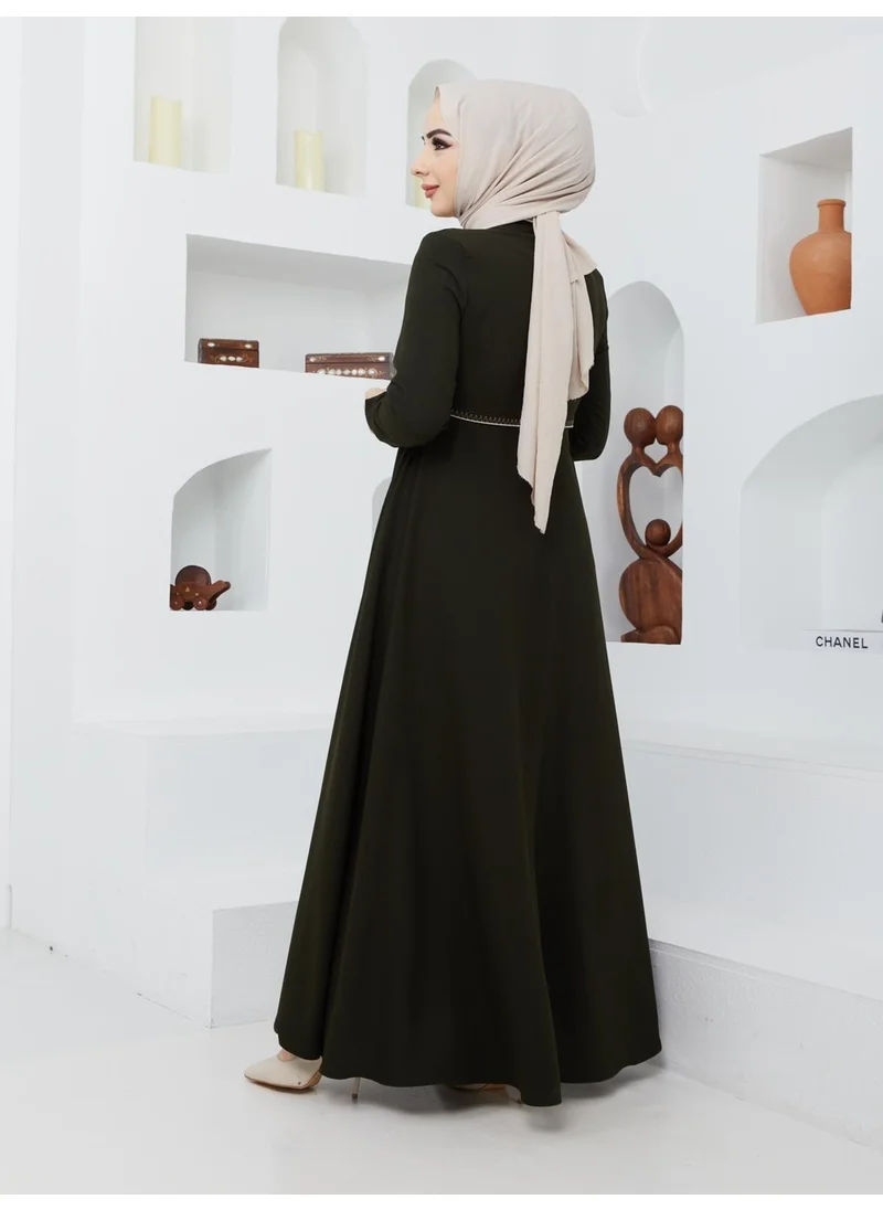 Kmk Kombin KMK Combined Summer Mevlana Model Sleeve and Waist Patterned Flared Abaya Topcoat