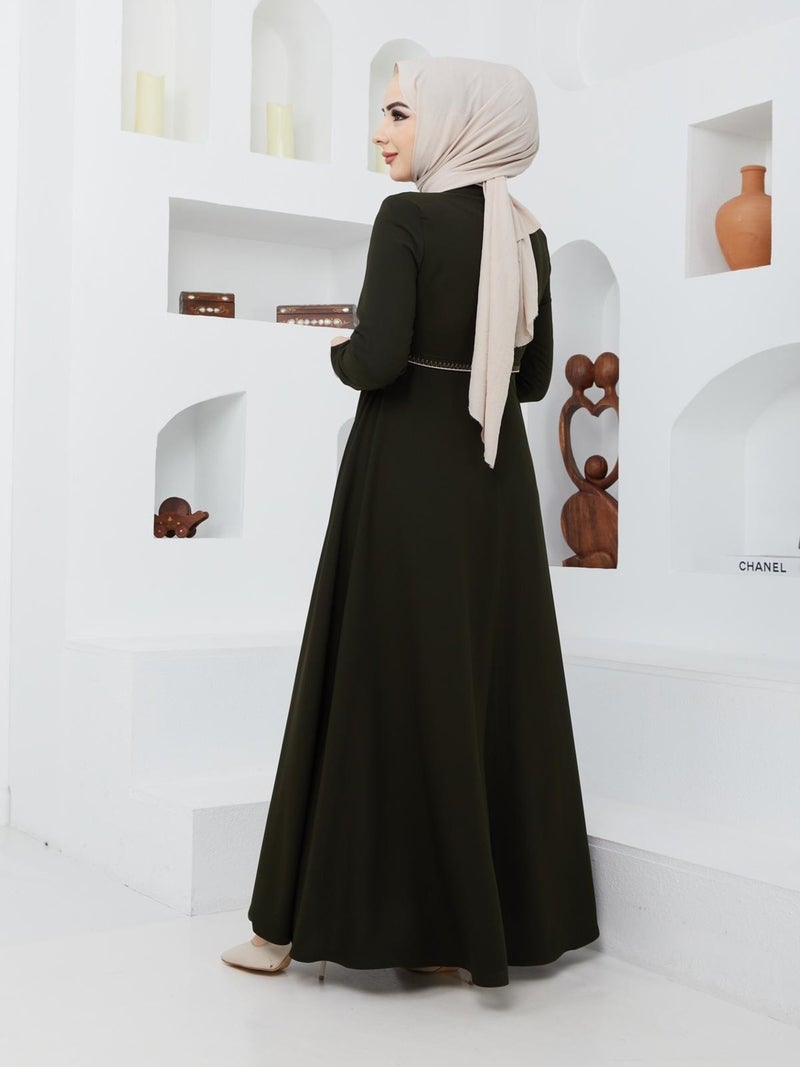 KMK Kombin KMK Combined Summer Mevlana Model Sleeve and Waist Patterned Flared Abaya Topcoat  - Image 4