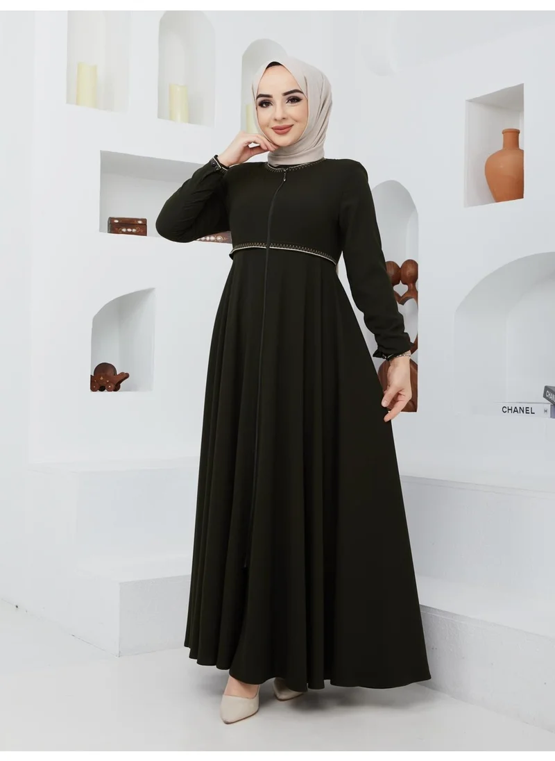 Kmk Kombin KMK Combined Summer Mevlana Model Sleeve and Waist Patterned Flared Abaya Topcoat