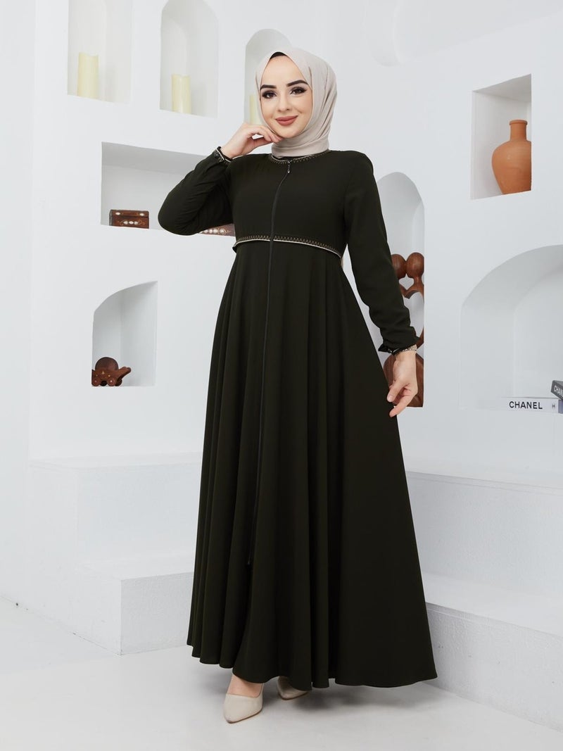 KMK Kombin KMK Combined Summer Mevlana Model Sleeve and Waist Patterned Flared Abaya Topcoat  - Image 5