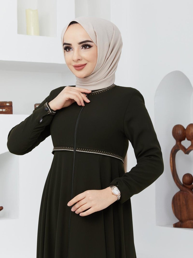 KMK Kombin KMK Combined Summer Mevlana Model Sleeve and Waist Patterned Flared Abaya Topcoat  - Image 2