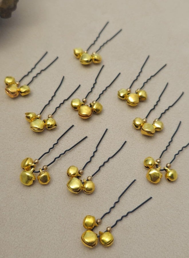 DHIMGU Bridal Gold Jingle Bell Hair Pins, Black Metal Pins with Double Bells, Wedding Ghungroo Pin for Women, Set of 10 - Image 3