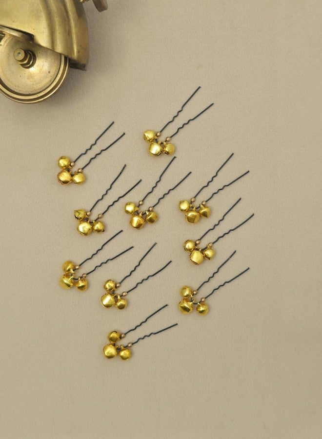 DHIMGU Bridal Gold Jingle Bell Hair Pins, Black Metal Pins with Double Bells, Wedding Ghungroo Pin for Women, Set of 10 - Image 1
