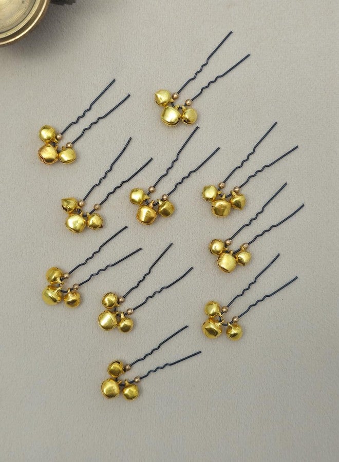 DHIMGU Bridal Gold Jingle Bell Hair Pins, Black Metal Pins with Double Bells, Wedding Ghungroo Pin for Women, Set of 10 - Image 2