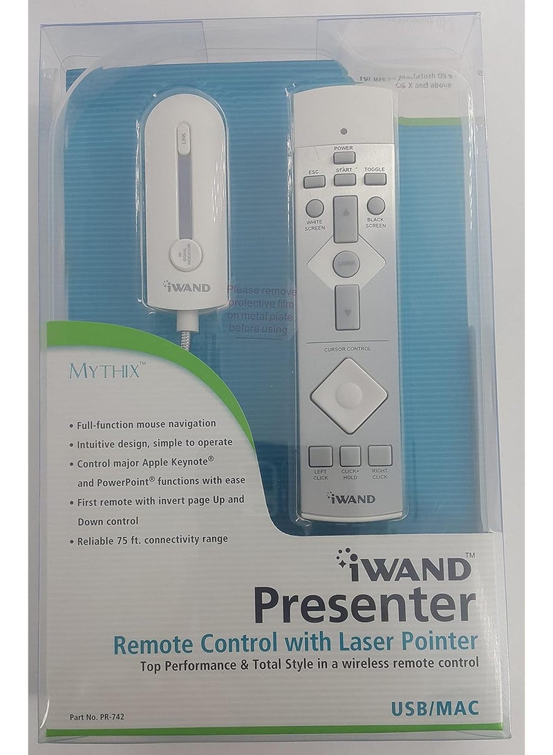 Mythix iWAND Presenter Wireless Remote Control with Laser Pointer for Mac & PC, USB Presentation Clicker (Model PR-742) - Image 1