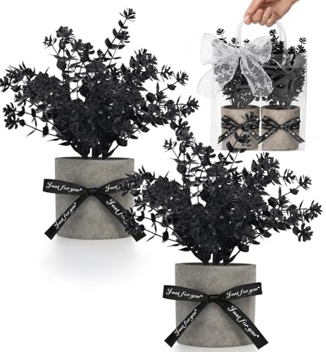 DomeStar 2 Pack Small Black Eucalyptus Plant Mini Potted Fake Plants Artificial Plastic Eucalyptus Plants Topiaries for Home Office Desk Farmhouse Shelf Room Bathroom Decor - Image 1