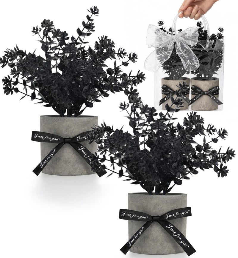 DomeStar 2 Pack Small Black Eucalyptus Plant Mini Potted Fake Plants Artificial Plastic Eucalyptus Plants Topiaries for Home Office Desk Farmhouse Shelf Room Bathroom Decor - Image 2