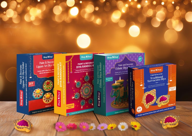 itsy-bitsy Itsy Bitsy DIY Paint & Decorate Diya Rangoli Kit Box | 8 Pre-Printed Rangoli Designs with 7 Terracotta Diyas | Handmade Ethnic Craft for Diwali Festive & Wedding Décor - Image 5