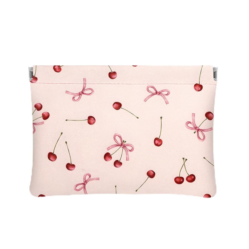 Ksriylm Red Cherry Bow Pink Leather Small Makeup Pouch Set for Women Cherries Make Up Bag for Purse Waterproof Initial lipstick Makeup Cosmetic Bags Pouches for Purse Aesthetic Travel Toiletry Bag - Image 1