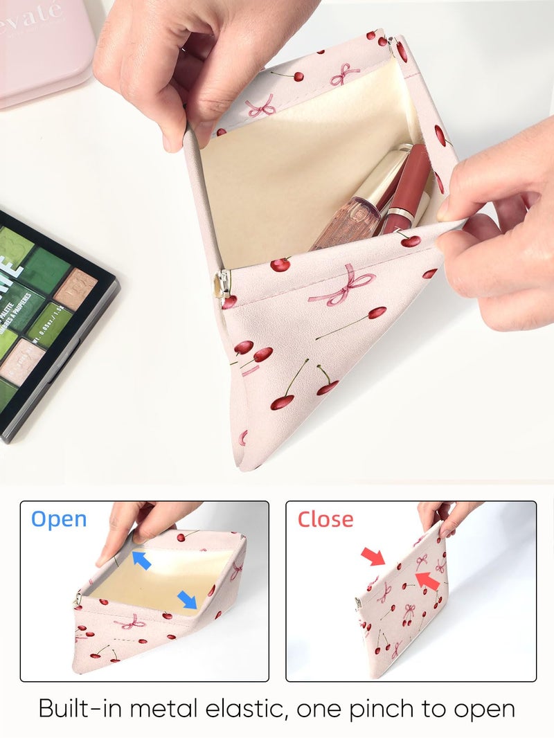 Ksriylm Red Cherry Bow Pink Leather Small Makeup Pouch Set for Women Cherries Make Up Bag for Purse Waterproof Initial lipstick Makeup Cosmetic Bags Pouches for Purse Aesthetic Travel Toiletry Bag - Image 3