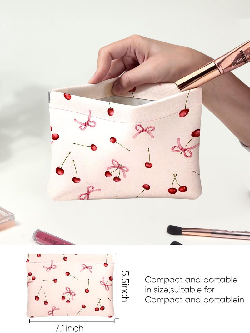 Ksriylm Red Cherry Bow Pink Leather Small Makeup Pouch Set for Women Cherries Make Up Bag for Purse Waterproof Initial lipstick Makeup Cosmetic Bags Pouches for Purse Aesthetic Travel Toiletry Bag - Image 2