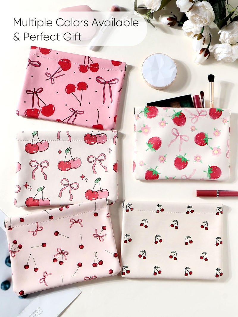 Ksriylm Red Cherry Bow Pink Leather Small Makeup Pouch Set for Women Cherries Make Up Bag for Purse Waterproof Initial lipstick Makeup Cosmetic Bags Pouches for Purse Aesthetic Travel Toiletry Bag - Image 5