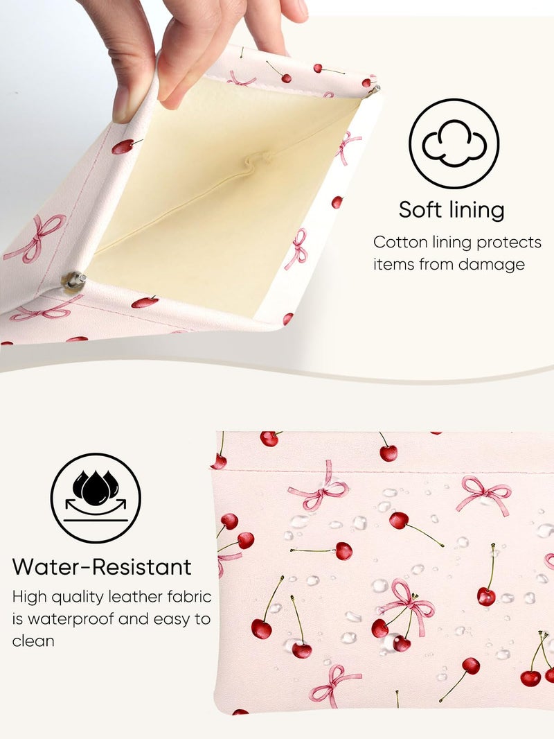 Ksriylm Red Cherry Bow Pink Leather Small Makeup Pouch Set for Women Cherries Make Up Bag for Purse Waterproof Initial lipstick Makeup Cosmetic Bags Pouches for Purse Aesthetic Travel Toiletry Bag - Image 4