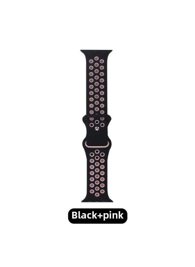 Generic Silicone Two-color Strap Suitable For Apple Nike Iwatch Hole Breathable Butterfly 8-word Buckle Sports Watch Strap-Color:Black + Pink-Specifications:38/40/41 S M  - Image 1