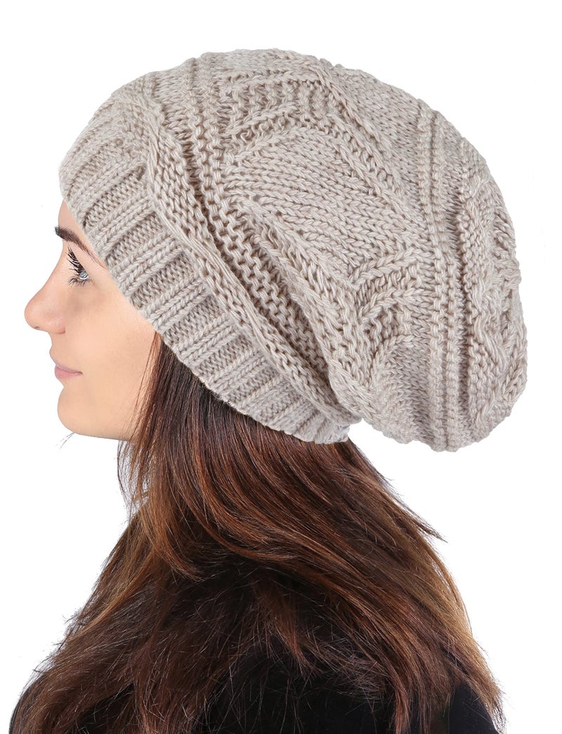 Lilax Knit Slouchy Oversized Soft Warm Winter Beanie Hat Beige - Image 2