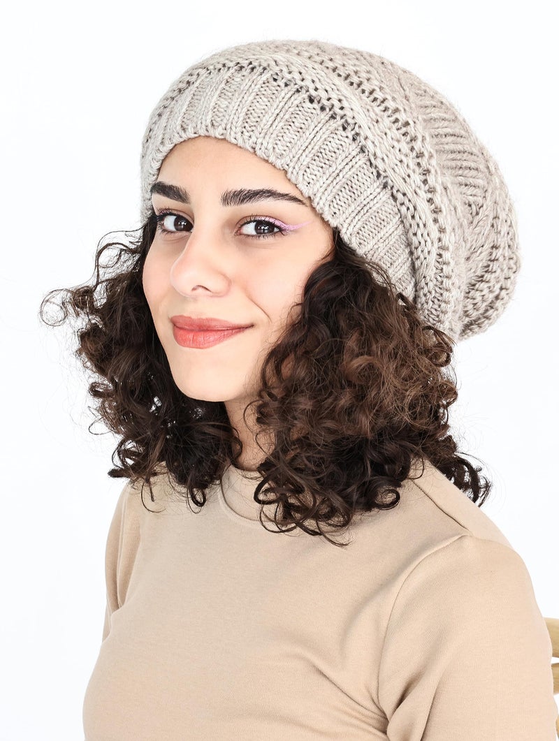 Lilax Knit Slouchy Oversized Soft Warm Winter Beanie Hat Beige - Image 3