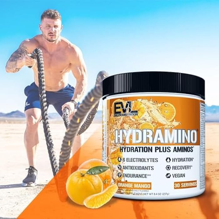 Evlution Nutrition HYDRAMINO Complete Hydration Multiplier, All 6 Electrolytes, Vitamin C & B, Fluid Boosting Aminos, Coconut Water, Endurance, Recovery, Antioxidants, 30 Serve, Orange Mango - Image 3