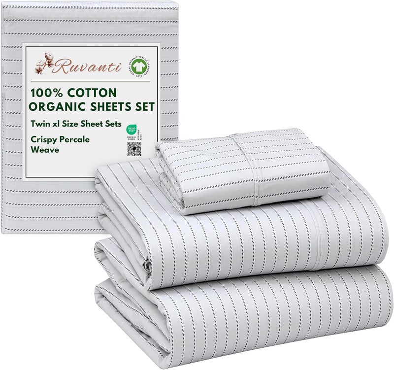 Ruvanti 100% Cotton Organic Percale Sheets Twin XL Size – Crisp Cooling Bed Sheets for Hot Sleepers, Deep Pocket 15”, Soft Peach Finish, Breathable & Durable Hotel-Style 3 Pcs, Construction Line - Image 1