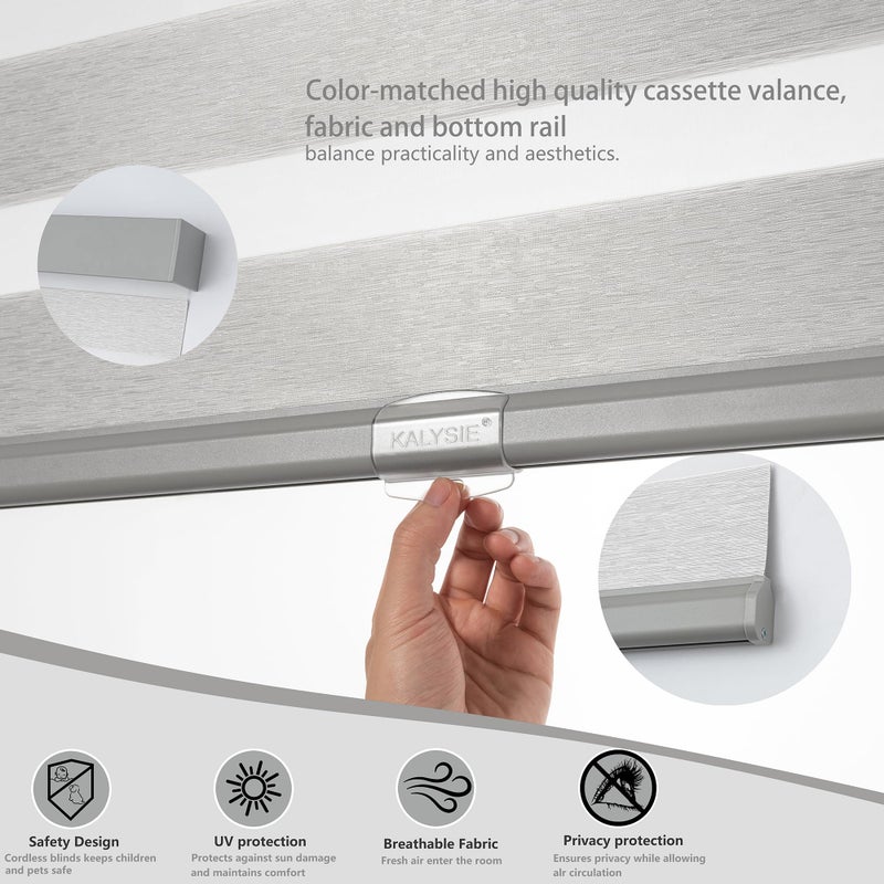 KALYSIE Cordless Zebra Blinds for Windows, Free-Stop Pull Down Roller Window Shades with Valance, Light Filtering Dual Layers Sheer Shades for Home and Office, Grey, 20" W x 72" H - Image 5