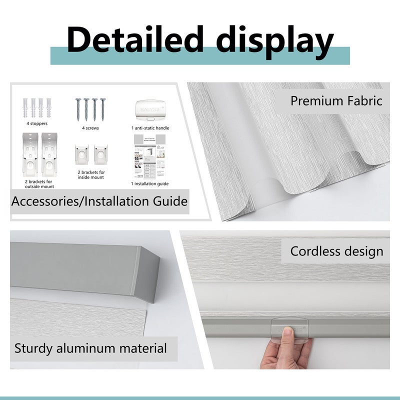 KALYSIE Cordless Zebra Blinds for Windows, Free-Stop Pull Down Roller Window Shades with Valance, Light Filtering Dual Layers Sheer Shades for Home and Office, Grey, 20" W x 72" H - Image 4