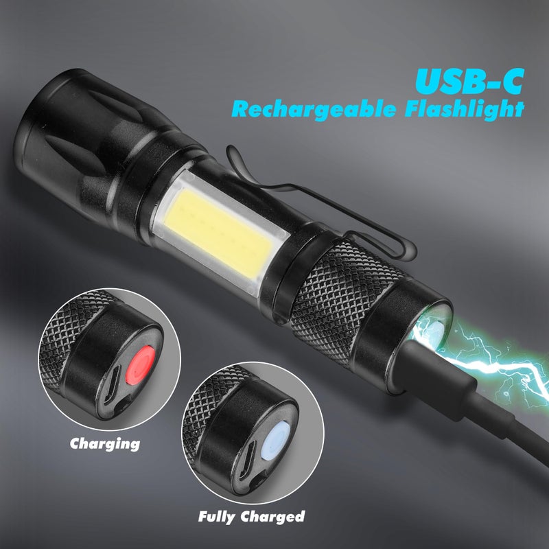 KunHe Rechargeable Flashlights USB-C mini Small LED Lantern Flashlights Bright Clip-On Light EDC Flash Light with Side COB Light for Camping Home Emergency 4 Pack - Image 5