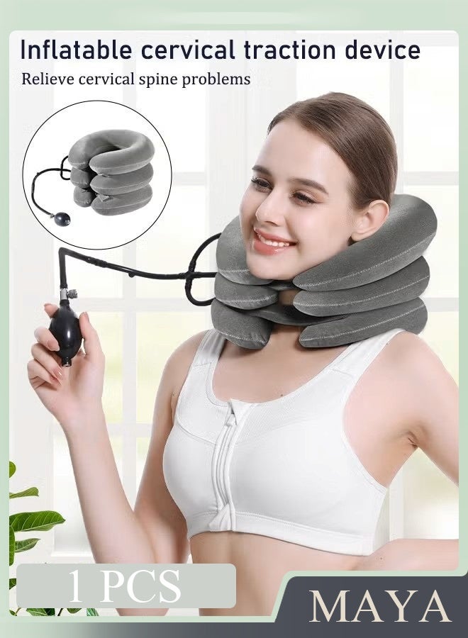 Cervical Neck Traction Device – Adjustable Inflatable Neck Stretcher, Neck Brace for Pain Relief, Decompression, and Tension Relief (Grey) - Image 1