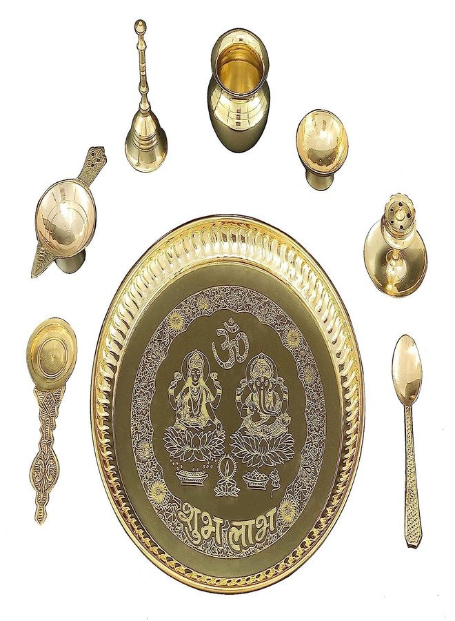 NOBILITY Brass Pooja thali Set 8 Inch with Pital Puja Plate Kalash Spoon Diya Bowl Dhup Dan Ghanti Kappur Dan Daily Arti Thali for Diwali Home Mandir Office Wedding Return Gift Items - Image 3