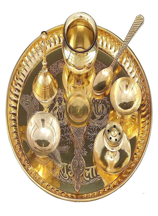 NOBILITY Brass Pooja thali Set 8 Inch with Pital Puja Plate Kalash Spoon Diya Bowl Dhup Dan Ghanti Kappur Dan Daily Arti Thali for Diwali Home Mandir Office Wedding Return Gift Items - Image 5