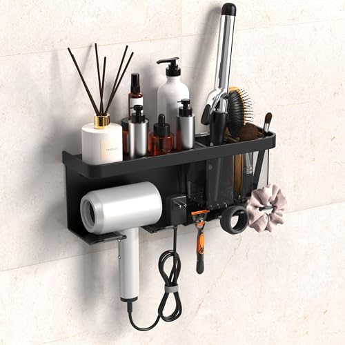 YIHOFLO Hair Dryer Holder Wall Mounted AdhesiveDrilling Hair Dryer Storage Organizer with Shelf Hooks for Bathroom Blow Dryer Holder Hair Tool Organizer Black - Image 1