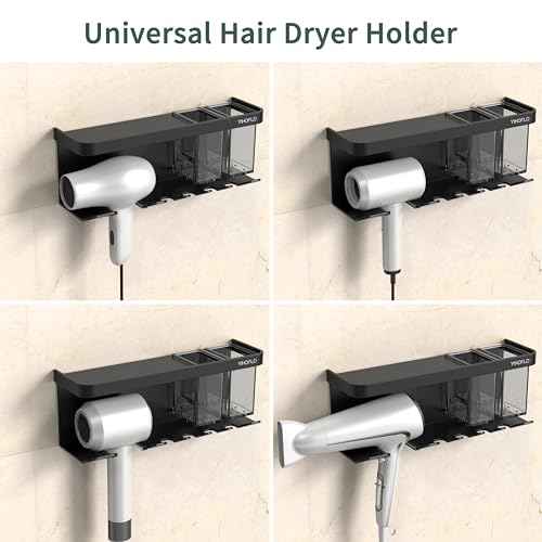 YIHOFLO Hair Dryer Holder Wall Mounted AdhesiveDrilling Hair Dryer Storage Organizer with Shelf Hooks for Bathroom Blow Dryer Holder Hair Tool Organizer Black - Image 3