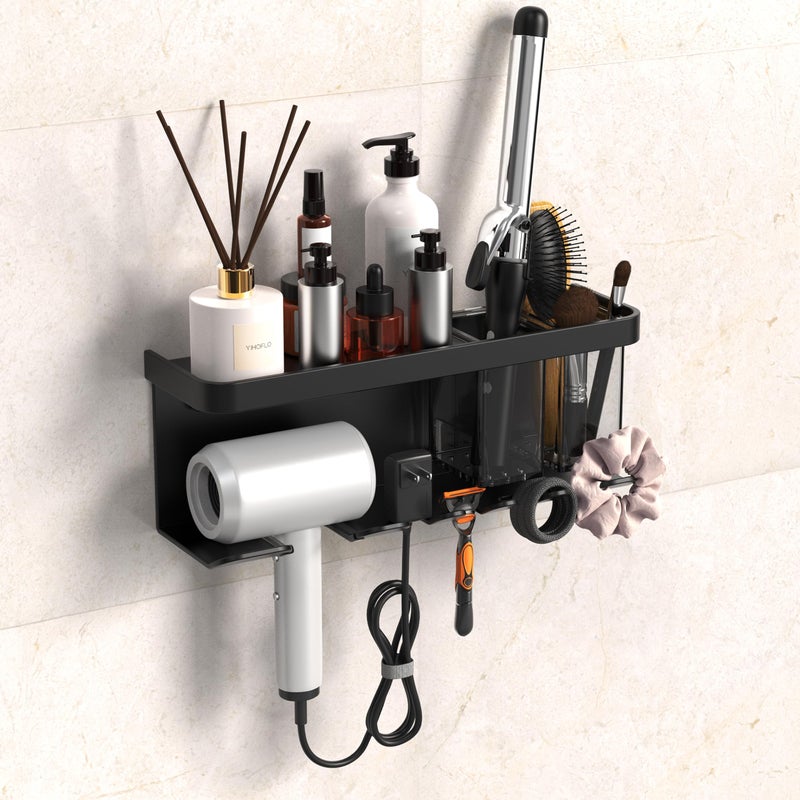 YIHOFLO Hair Dryer Holder Wall Mounted AdhesiveDrilling Hair Dryer Storage Organizer with Shelf Hooks for Bathroom Blow Dryer Holder Hair Tool Organizer Black - Image 2