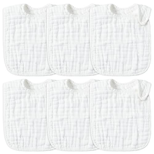 Zainpe 6Pcs Snap Muslin Cotton Baby Bibs White Adjustable Drool Bib with 6 Absorbent Soft Layers, Machine Washable Unisex Burp Cloths for 3 to 36 Months Boys Girls Infant Newborn Toddler - Image 1