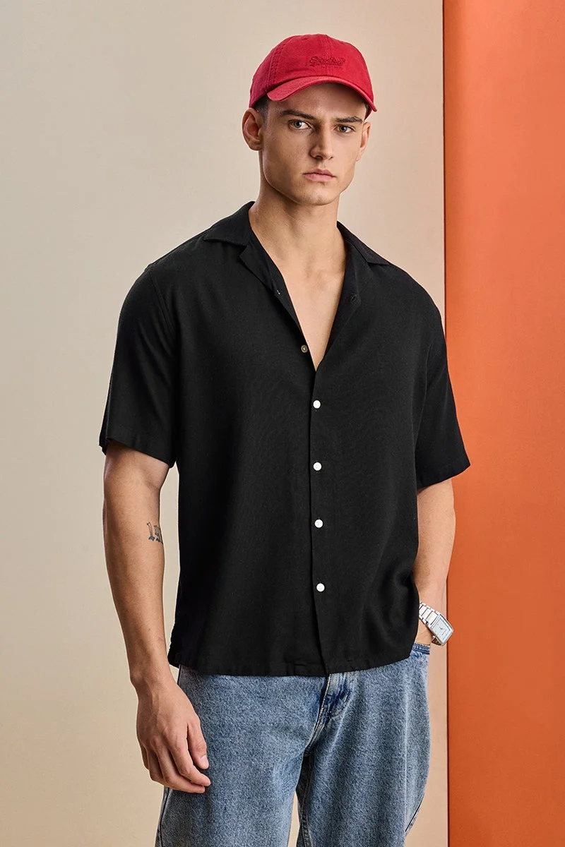 سنيتش Black Textured Half Sleeve Boxy Shirt