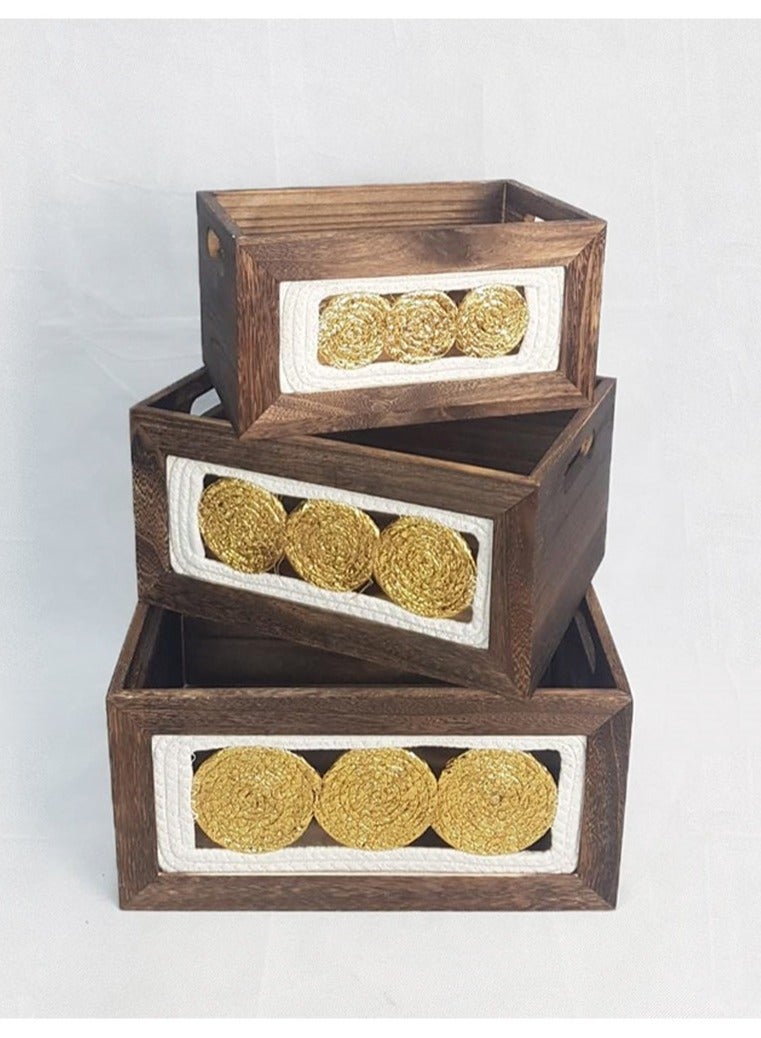 Wooden storage basket set, with a modern and attractive design, 3 pieces, golden/brown - Image 4