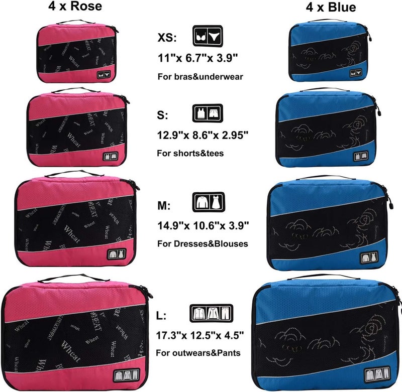 Idesort 8 Set Packing Cubes, Travel Luggage Bags Organizers Mixed Color Set (Rose Blue) - Image 2