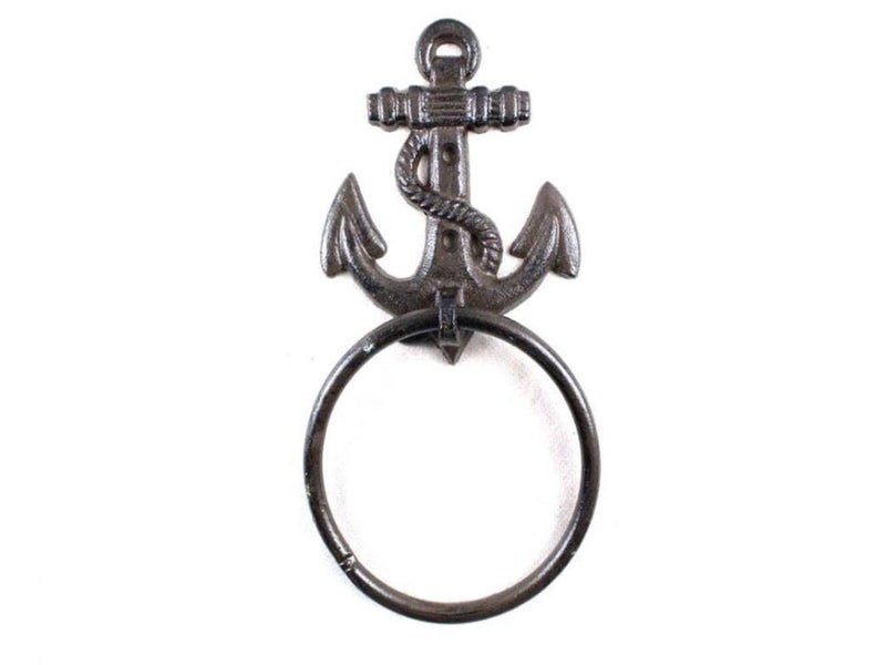 Handcrafted Nautical Decor حامل مناشف على شكل مرساة مصنوع يدويًا من الحديد الزهر 8.5" - ديكور مرساة - فن جدار معدني - Image 4