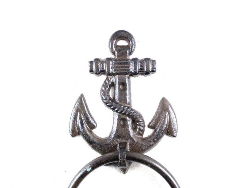 Handcrafted Nautical Decor حامل مناشف على شكل مرساة مصنوع يدويًا من الحديد الزهر 8.5" - ديكور مرساة - فن جدار معدني - Image 2