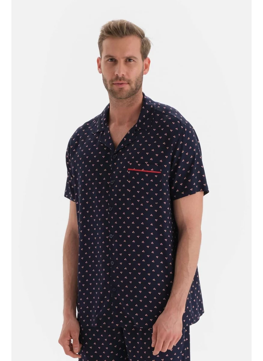 dagi Navy Blue Shirt Collar Metering Printed Woven Top