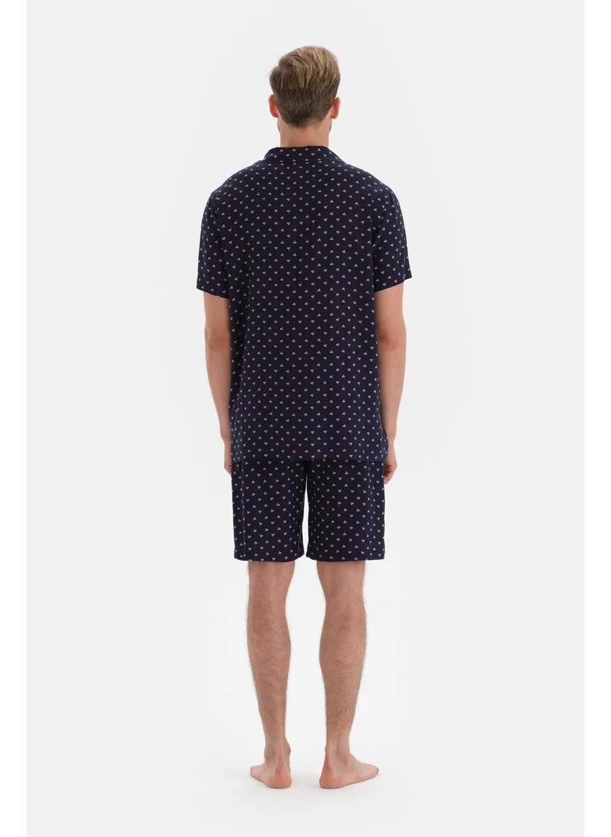 dagi Navy Blue Shirt Collar Metering Printed Woven Top