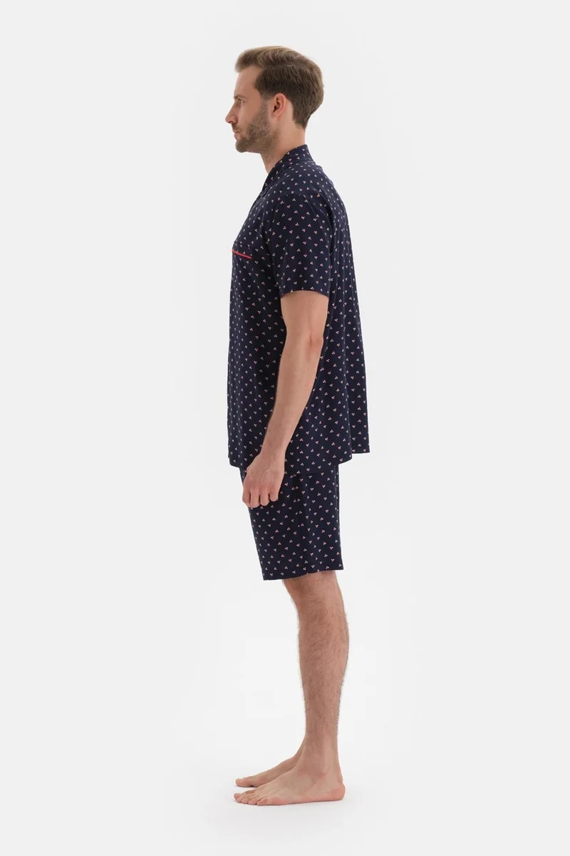 dagi Navy Blue Shirt Collar Metering Printed Woven Top