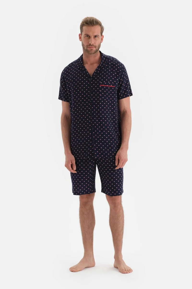 dagi Navy Blue Shirt Collar Metering Printed Woven Top