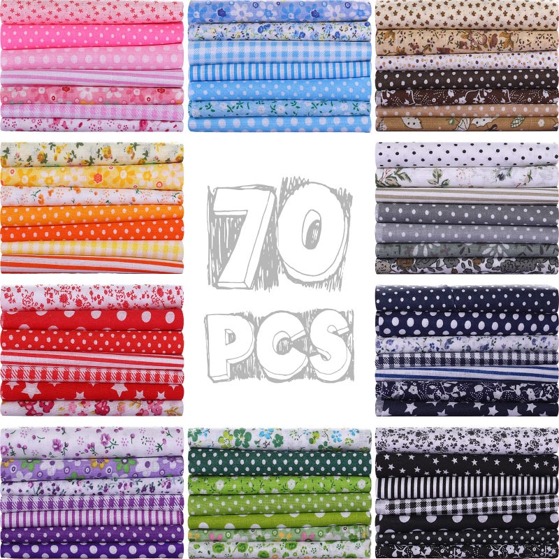 Macarrie 70 Pcs 100% Cotton Fat Quarters 20 x 20 Inch Floral Printed Cotton Cloth Sewing Supplies Fabric Multicolor Fabric Squares Fabric Bundles for DIY Quilting Patchwork Scrapbooking Craft - Image 1